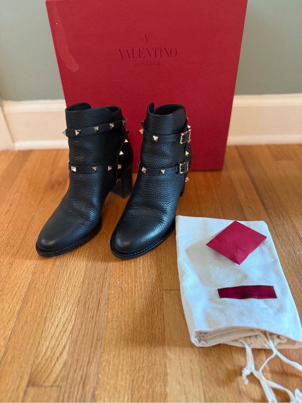 Valentino Black Leather Rockstud Strap Ankle Boots